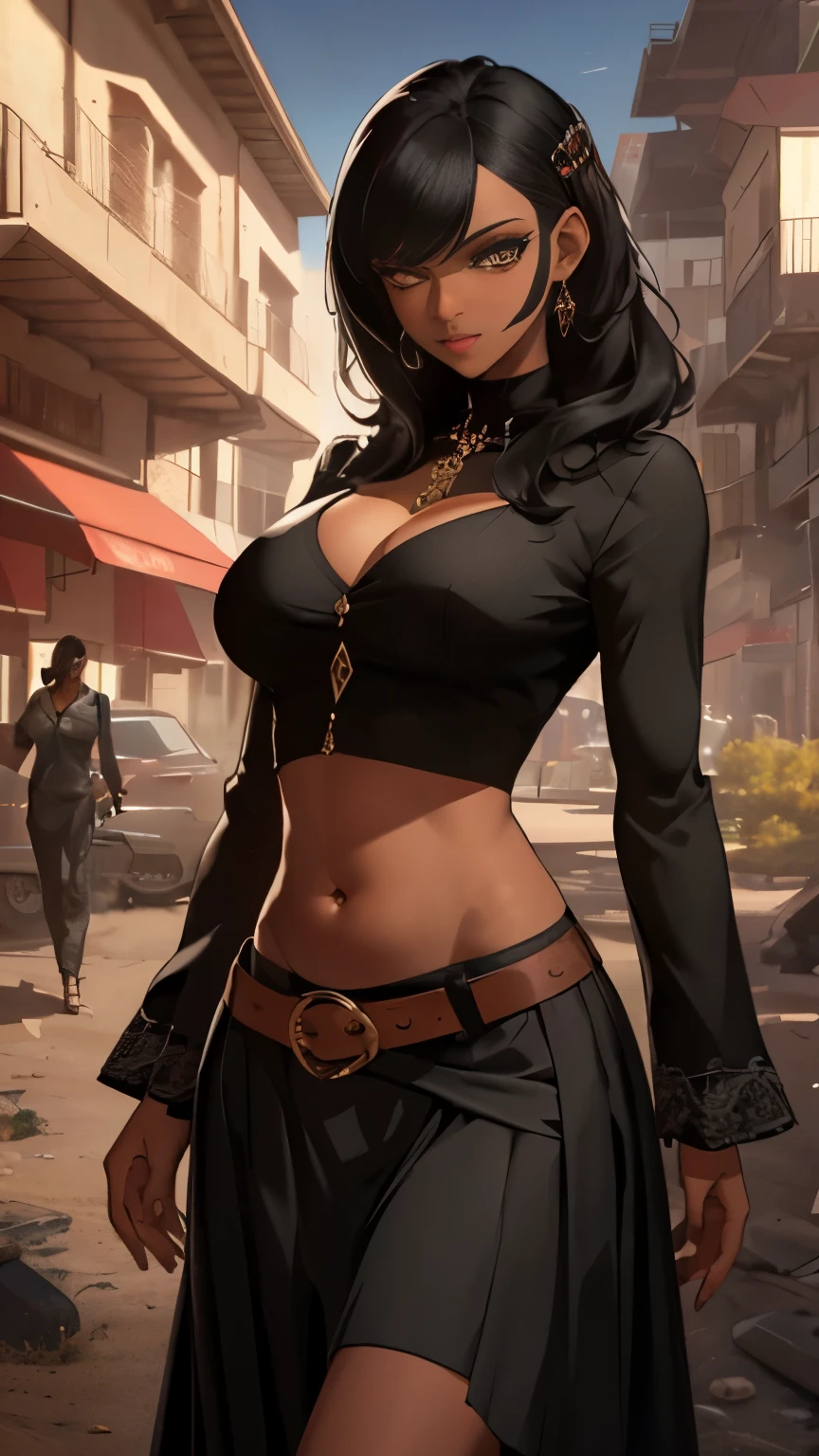 (Highly quality, masterpiece, detailed), sandy city detailed scenario, sandy city detailed background, solo, 1 woman, black hair, glamorous hair style, DustMarvel, long sleeves, belt, black cropped top, long skirt, dark-skinned female, belly button piercing, beautiful eyes, look at the viewer, Sexy pose 