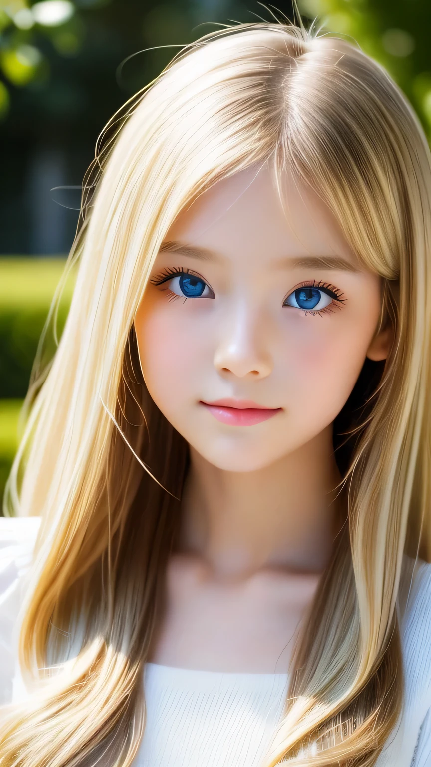 Shiny, beautiful white skin、Hair color changes depending on the light、Long bangs obstruct the view、cheek gloss highlights、sexy and very beautiful, Ladylike, cute, gorgeous face、the most beautiful face in the world、The most beautiful super long blonde hair in the world、smooth, straight hair、bright light blue eyes, lighting equipment、beautiful pony、Beautiful 15 year old Swedish girl、baby face
