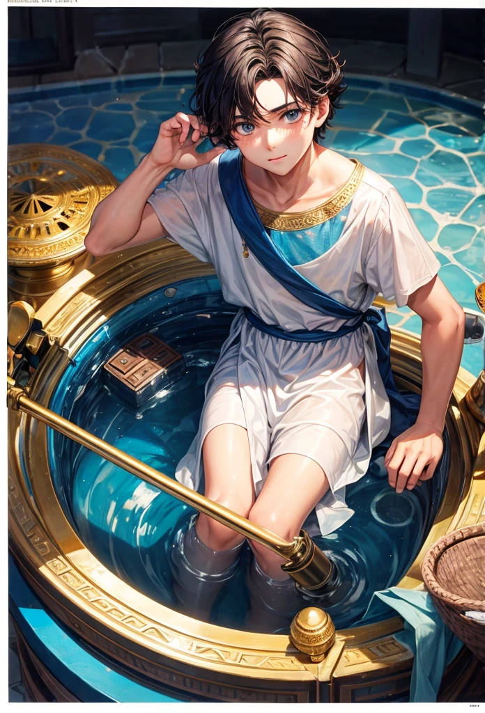 Twelve year old boy very beautiful Greek features with a microscope