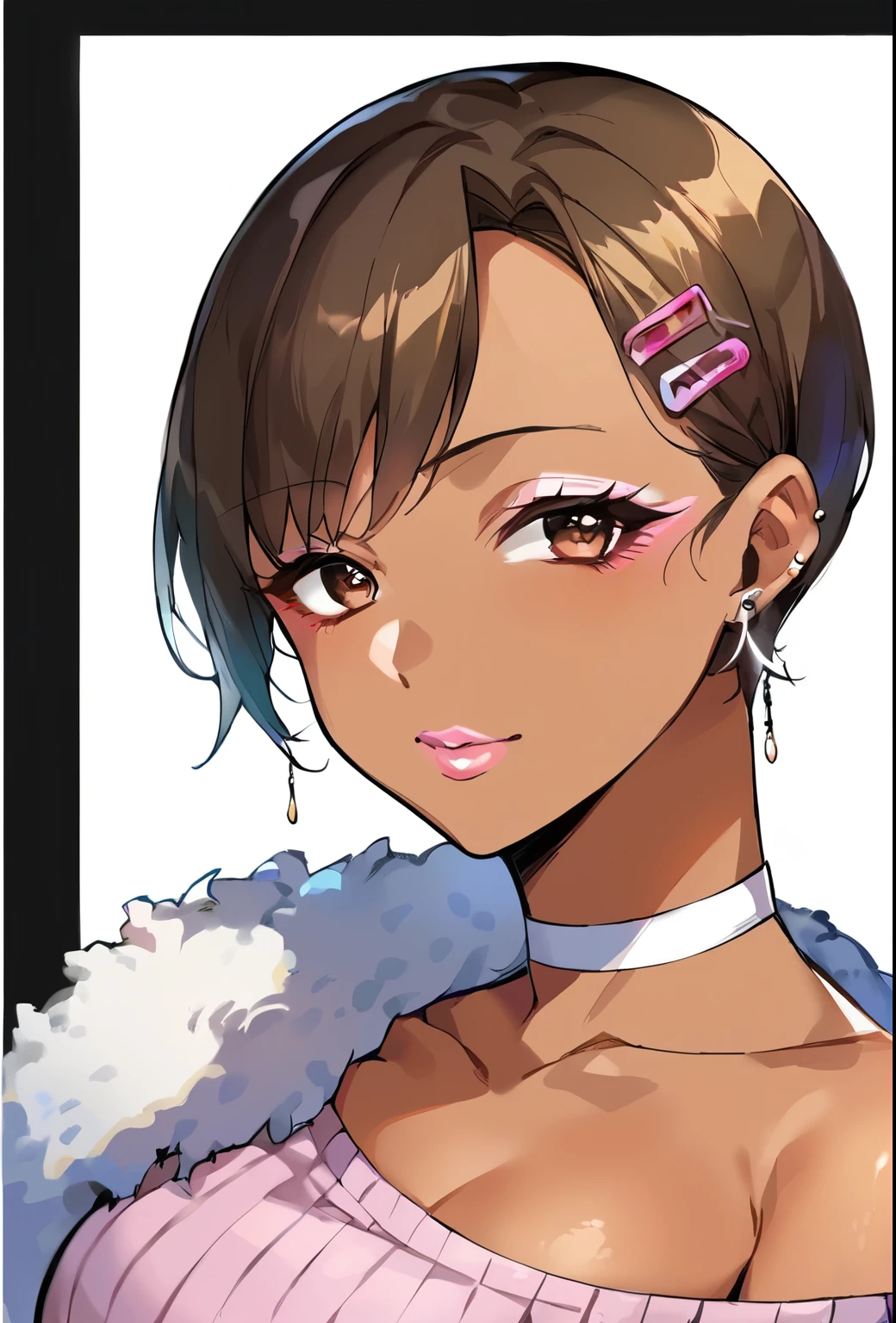 Score_9, score_8_up, score_7_up, score_6_up,  gyaru, source_anime, 1girl, solo, white background,  brick wall backdrop, upper body, looking at viewer, BREAK, earrings, BREAK, thin pink lips, tanned skin, pink makeup,  ribbed sweater, fur trim, bare shoulders, off shoulder, white choker, hairclip,  ikarishinji, eva01plugsuit