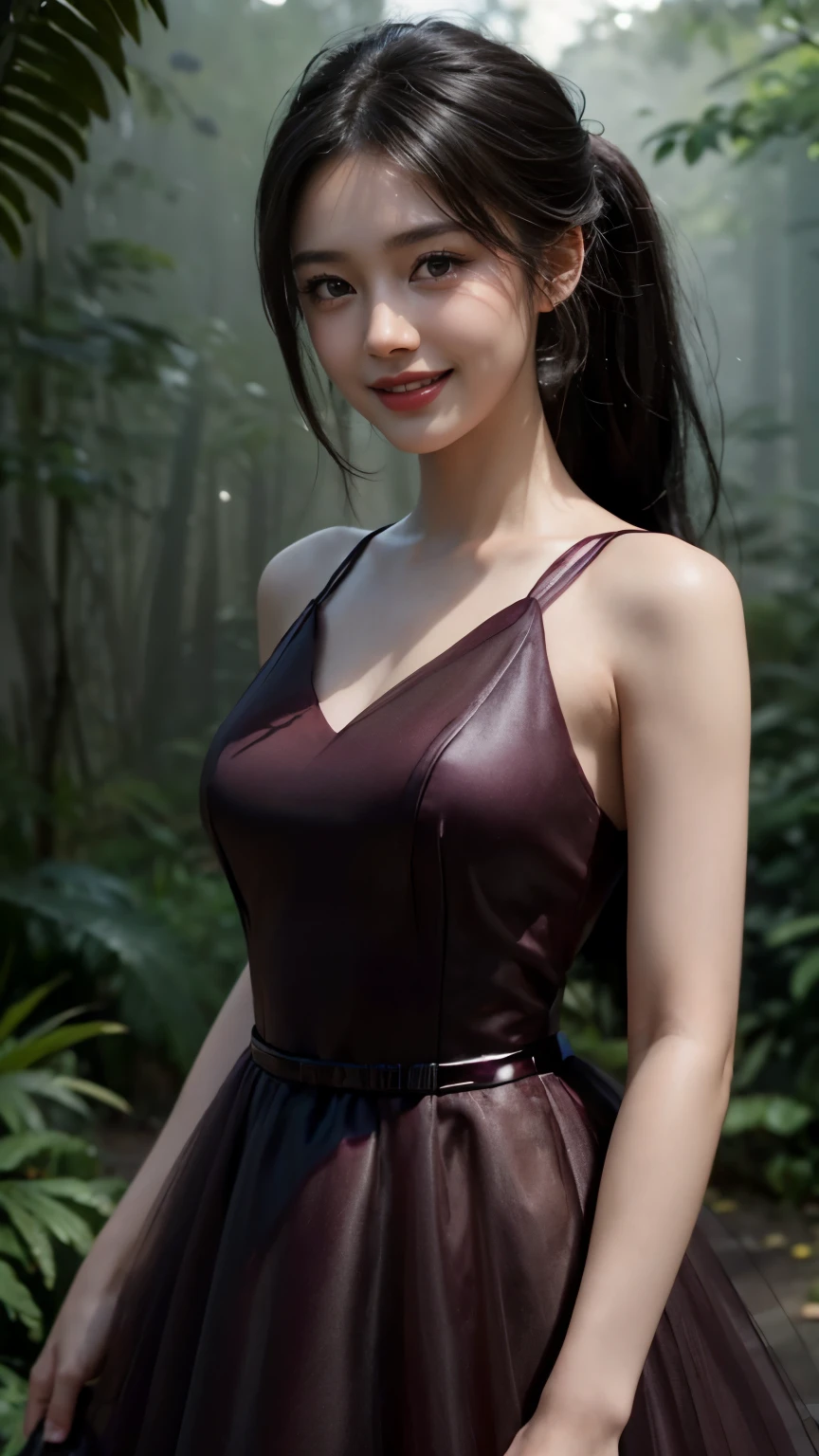 (Masterpiece:1.4), CG Unity 8k walpaper, ((Realistic: 1.2)), Ray Tracing, 64k, Beautiful 22 years girl, Asian realistic girl, Ultra Realistic, ultra HD, 1 girl, black hair, long hair, ponytail, standing, abandoned in a forest, Green Plants, Rain forest, soft lighting, Morning light, foggy morning, realistic, SMOOTH FACE, full body shot, ((Burgundy tulle evening prom dress)), perfect eyes, Beautiful smile, ((smile: 1.2)), Stylish looks, realistic Skin, Perfect young body, detailed background, Detailed skin, ((detailed dress)), Long Black hair, cinematic lighting, ((cinematic Photography)), ((High resolution Dress Quality)), High resolution picture quality,