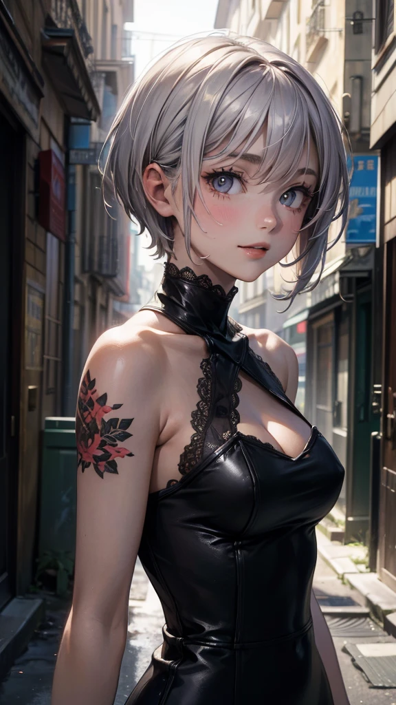 (masterpiece, High resolution, highest quality), ((20 year old woman, Composition from head to stomach, upper body focus)), smile, detailed eyes, No sleeve, Halter Neck Blouse, Floral tattoo covering the arm, Asymmetrical punk short hair:1.2, ash gray hair, A deserted back alley in Paris:1.3, cinematic lighting, anime style, simple lines, digital painting