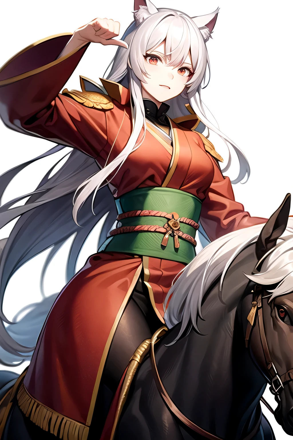 White hair, long hair, cat ears, red eyed samurai, riding a horse, white background