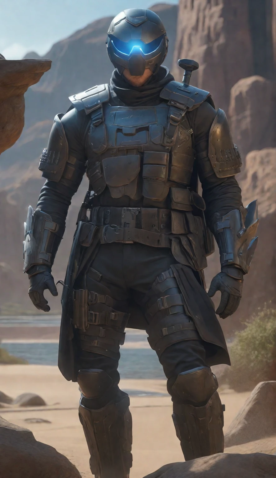 (((best quality))),(((ultra detailed))),(((masterpiece))),a man in a helmet dressed in tactical armor, With a black cape and a sword on his back,Shoulder pads, Knee pads, three throwing knives holstered on his arm, Pistol holstered on his leg(Best quality, 4k, Masterpiece :1.3), Cyberpunk, Background, Sci-fi landscape, (Black cape), ultra realistic 8k cg