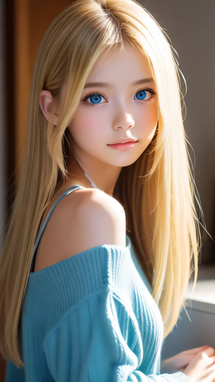 Shiny, beautiful white skin、Hair color changes depending on the light、Long bangs obstruct the view、cheek gloss highlights、sexy and very beautiful, Ladylike, cute, gorgeous face、the most beautiful face in the world、The most beautiful super long blonde hair in the world、smooth, straight hair、Very bright, large light blue eyes that shine beautifully, very big eyes、lighting equipment、beautiful pony、Beautiful 15 year old Swedish girl、baby face
