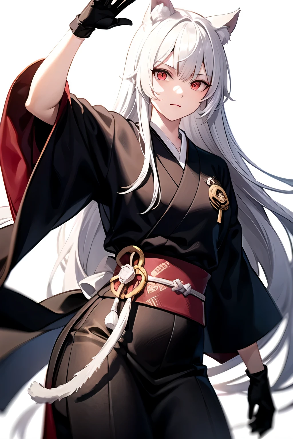 Samurai with white hair, long hair, cat ears, red eyes, wearing a sash, a Japanese sword in one hand, white background