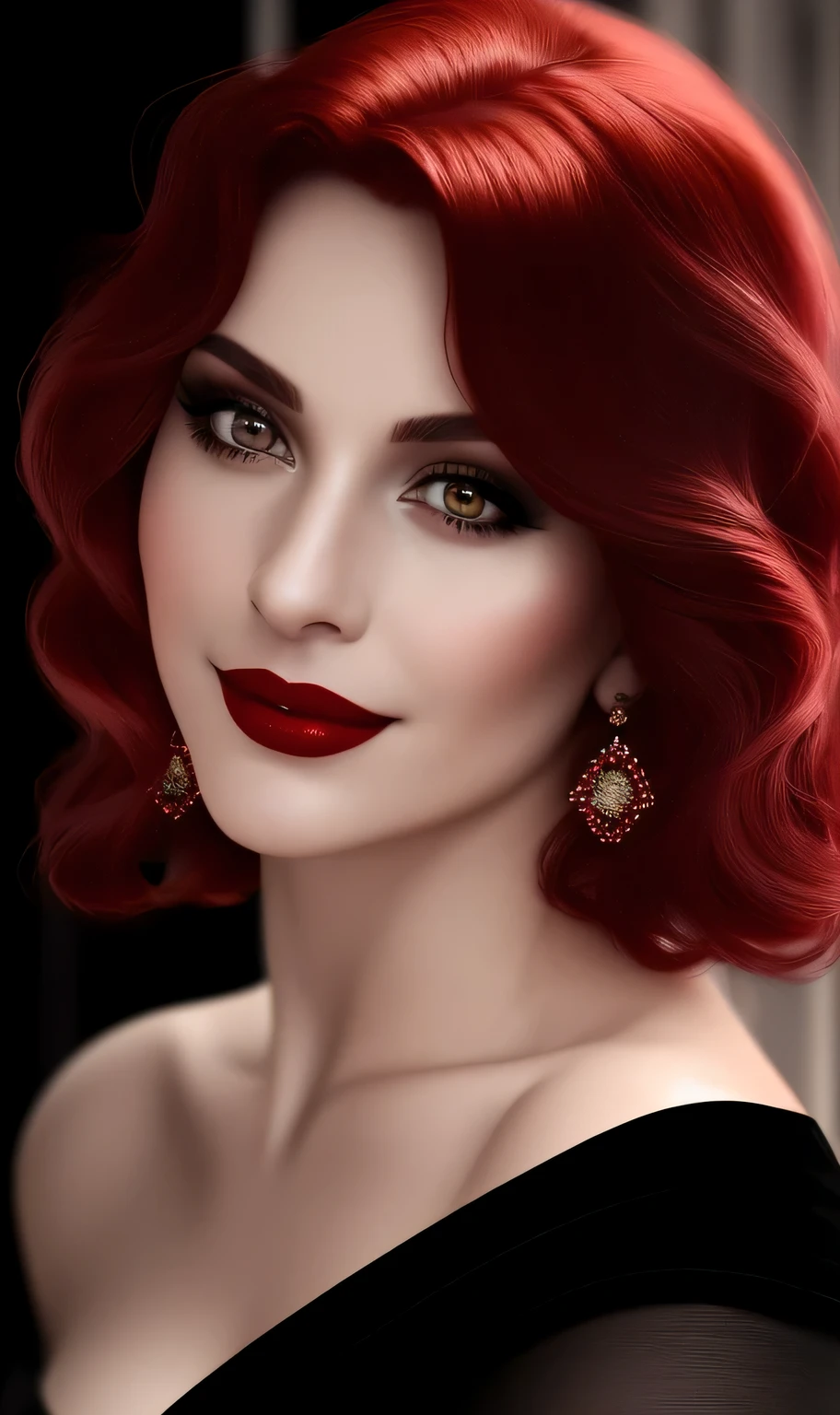 Up close face, (Masterpiece, Best Quality:1.3), absurdres, (8k resolution), illustration, ((outline, thick lineart)), (faux traditional media:1.3), looking at viewer,(masterpiece,best quality),HDR,high-definition,[[Intricate Details]],cinematic,photorealisticportrait shot, ((vivid red hair)), mature woman, 30 years old, diamond face, moonlight, red starry sky background, depth of field, magic, big red lips, ((dark black eyes)) black and red long and full dress, covered chest, mystical atmosphere, smile expression, posing, taut and well defined body, attractive. Highly realistic, pale skin, beautiful, hyperrealism, skin very elaborated, direct gaze ,flower_style,
