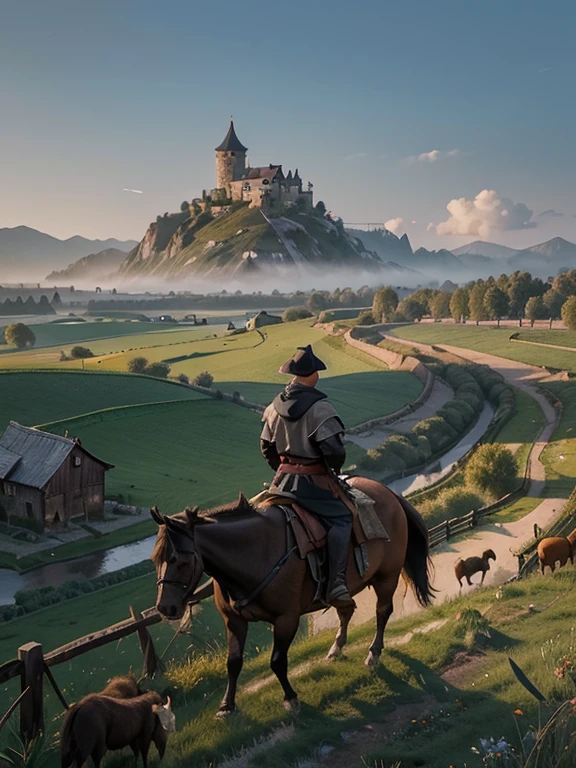 Cartoon style pictures ,(Medieval Europe),(Shoot from above),man,midnight,The overall color is black,farmer装束,rag,Brownish-gray, Ruined medieval village,European dome western-style wooden house,farmland,river,torch,horse,farmer,Chicken and duck,sheep,ox,companion,Soldier,Laborde,agriculture,(hood,farmerhood,戴上hood,in the shadows,faceless,健壮的man, Strong, old),dynamic poses, ((Turn your back to the camera,look into the distance,not looking at camera)),
