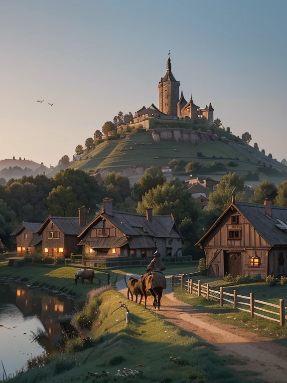 Cartoon style pictures ,(Medieval Europe),(Shoot from above),man,midnight,The overall color is black,farmer装束,rag,Brownish-gray, Ruined medieval village,European dome western-style wooden house,farmland,river,torch,horse,farmer,Chicken and duck,sheep,ox,companion,Soldier,Laborde,agriculture,(hood,farmerhood,戴上hood,in the shadows,faceless,健壮的man, Strong, old),dynamic poses, ((Turn your back to the camera,look into the distance,not looking at camera)),