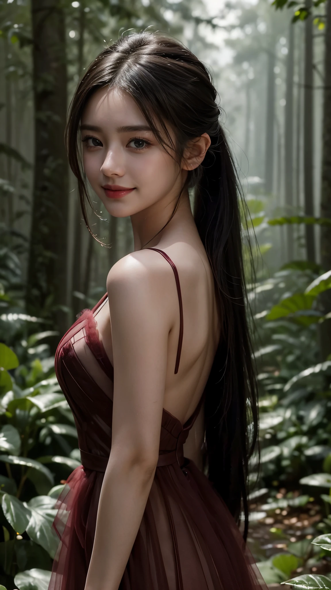 (Masterpiece:1.4), CG Unity 8k walpaper, ((Realistic: 1.2)), Ray Tracing, 64k, Beautiful 22 years girl, Asian realistic girl, Ultra Realistic, ultra HD, 1 girl, black hair, long hair, ponytail, standing, abandoned in a forest, Green Plants, Rain forest, soft lighting,  Morning light, foggy morning, realistic, SMOOTH FACE, full body shot, ((Burgundy Sweetheart High Low Tulle Homecoming Dress)), perfect eyes, Beautiful smile, ((smile: 1.2)), Stylish look, sexy angles, realistic Skin, Perfect young body, Young figure , detailed background, Detailed skin, ((detailed dress)), Long Black hair, cinematic lighting, ((cinematic Photography)), ((High resolution Dress Quality)), High resolution picture quality,