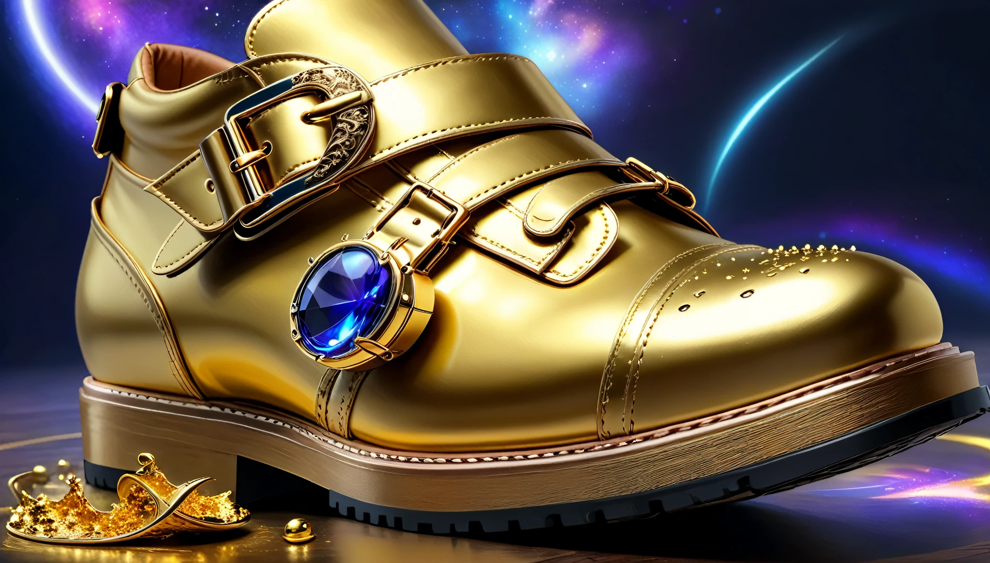Masterpiece, Best Quality, 8K Gold Magic Shoe with Buckle, Retro Style.