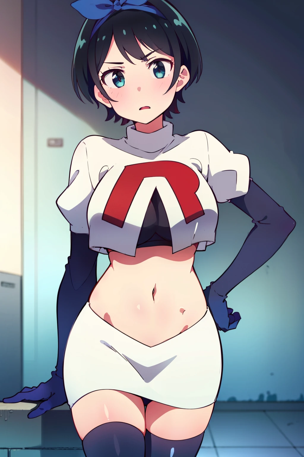 (masterpiece, best quality, ultra-detailed), 1girl, RukaSarashina, looking at viewer, team rocket,team rocket uniform,white skirt,red letter R,crop top,black thigh-highs,black elbow gloves