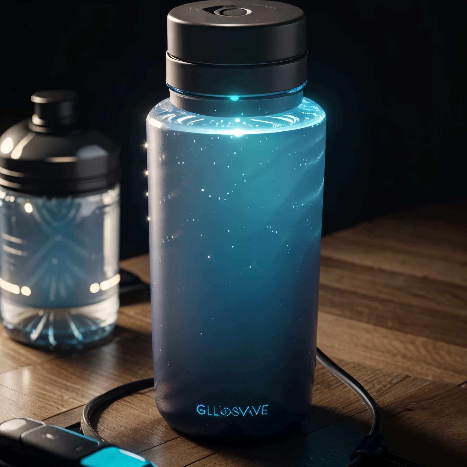 Please sketch a glowwave water bottle ,a innovative water bottle features with a built-in LED light that activates when you take a sip, creating a mesmerizing glow effect