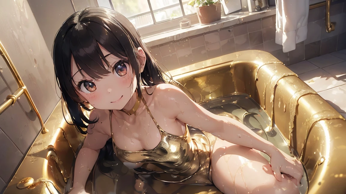 ((highest quality, 16k, masterpiece: 1.3)), ((small and full breasts、 girl、small head)), Beautiful Woman with perfection Figure: 1.4, thin abs: 1.2, ((beautiful black hair)), ((small: 1.4)), (((K-POPアイドル: 1.3)), (shower, White Water)), ((An all-gold bathroom)), ((stop temporarily)), ((fascinating)), ((fascinating)), ((sit, spread your legs)), (((soaking wet chest)), Ultra-realistic 8k cg, perfection Face, perfection, Clean Solo, (blush: 0.5), (blush), (blush: 0.5), masterpiece, professional artwork, famous works of art, A big smile, Beautiful smile, beautiful eyes, perfectionな指, beautiful hands, Depth of the bounds written, realistic: 1.3, (ambient light: 1.3), (cinematic composition: 1.3), (neon: 0.1), (HDR: 0.1), accent lighting, naked、athletic body shape, the body is facing towards you, smile, double eyelid, eye contact, naked足、((Wearing a shiny gold swimsuit))、(((golden bathtub)))、(((golden room)))、Create an all-gold bathroom