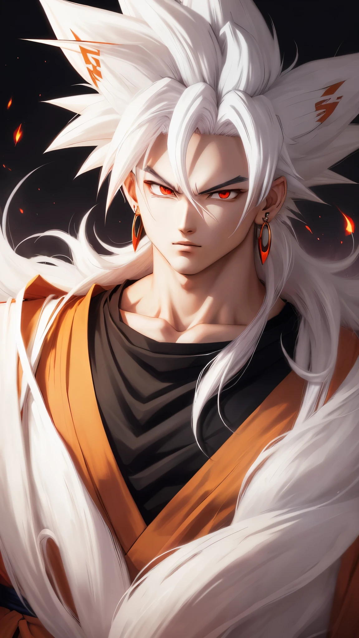 goku with big white hair, red eyes and anime style.earrings.wallpaper 4k.