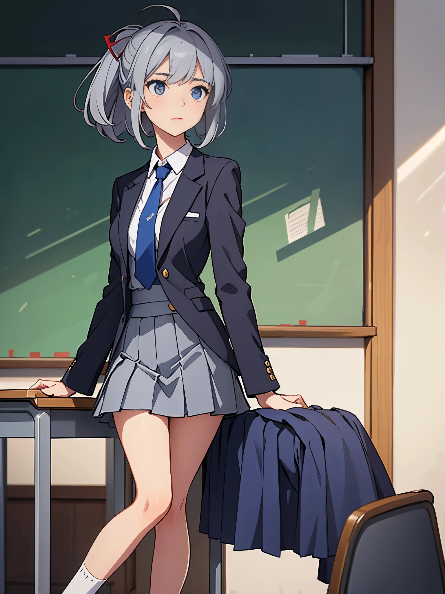 1girl, high school student, suit, dark blue suit jacket, white shirt, red ribbon necktie, grey pleated skirt, miniskirt, bare legs, white socks, brown shoes, light grey hair, hazel eyes, shoulder-length hair, bangs, ahoge, beautiful detailed eyes, beautiful detailed face, cute face, medium breasts, age 18, solo, solo focus, standing, classroom backdrop, warm lighting