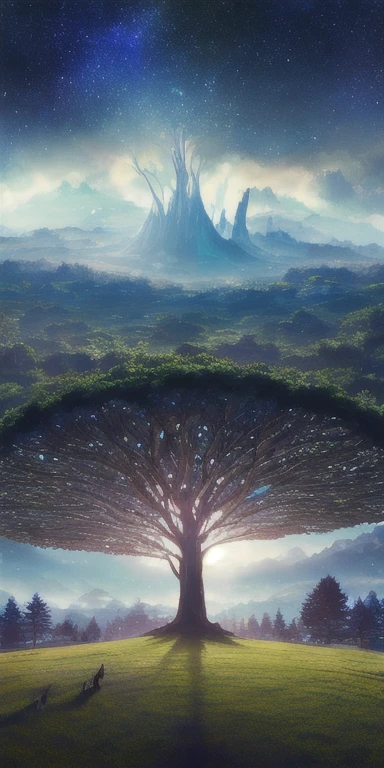 surreal illustration , otherworldly, Super sky scene featuring the entire body of a giant crystal tree,Very delicate and magical lighting, intricate forest details, Surrounding plants and river, solar punk ,landscape, Giant wood, Beautiful and lush space with beautiful lighting and realistic proportions, It's like a movie background, 8K, highest quality, masterpiece, sky clouds and stars, dark fantasy, film grain, 複雑なlandscape
