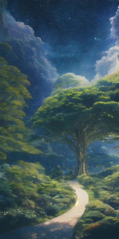 surreal illustration , otherworldly, Super sky scene featuring the entire body of a giant crystal tree,Very delicate and magical lighting, intricate forest details, Surrounding plants and river, solar punk ,landscape, Giant wood, Beautiful and lush space with beautiful lighting and realistic proportions, It's like a movie background, 8K, highest quality, masterpiece, sky clouds and stars, dark fantasy, film grain, 複雑なlandscape