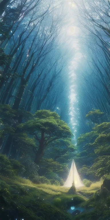 surreal illustration , otherworldly, Super sky scene featuring the entire body of a giant crystal tree,Very delicate and magical lighting, intricate forest details, Surrounding plants and river, solar punk ,landscape, Giant wood, Beautiful and lush space with beautiful lighting and realistic proportions, It's like a movie background, 8K, highest quality, masterpiece, sky clouds and stars, dark fantasy, film grain, 複雑なlandscape