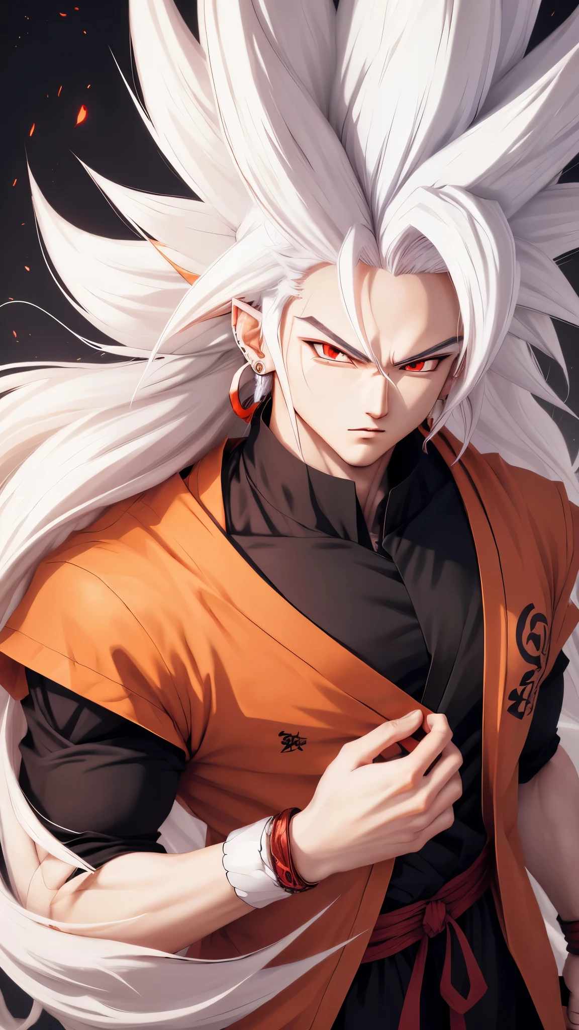 goku with big white hair, red eyes and anime style.earrings.wallpaper 4k.