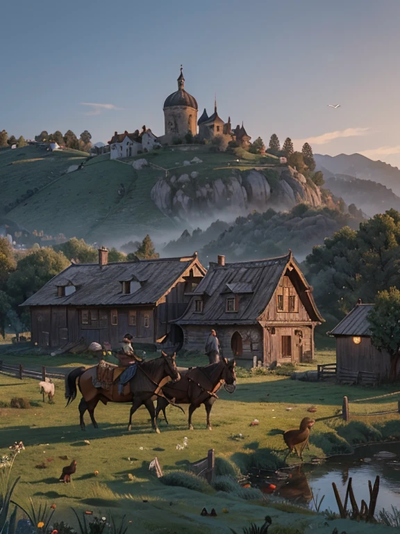  Cartoon style pictures ，(Medieval Europe)，（Shoot from above），man,midnight，The overall color is black，farmer装束，rag，Brownish-gray， Ruined medieval village，European dome western-style wooden house，farmland，river，torch，horse，farmer，Chicken and duck，sheep，ox，companion，Soldier，Laborde，agriculture，(hood，farmerhood，戴上hood，in the shadows，faceless，健壮的man, Strong, old),dynamic poses， ((Turn your back to the camera，look into the distance，not looking at camera)), 