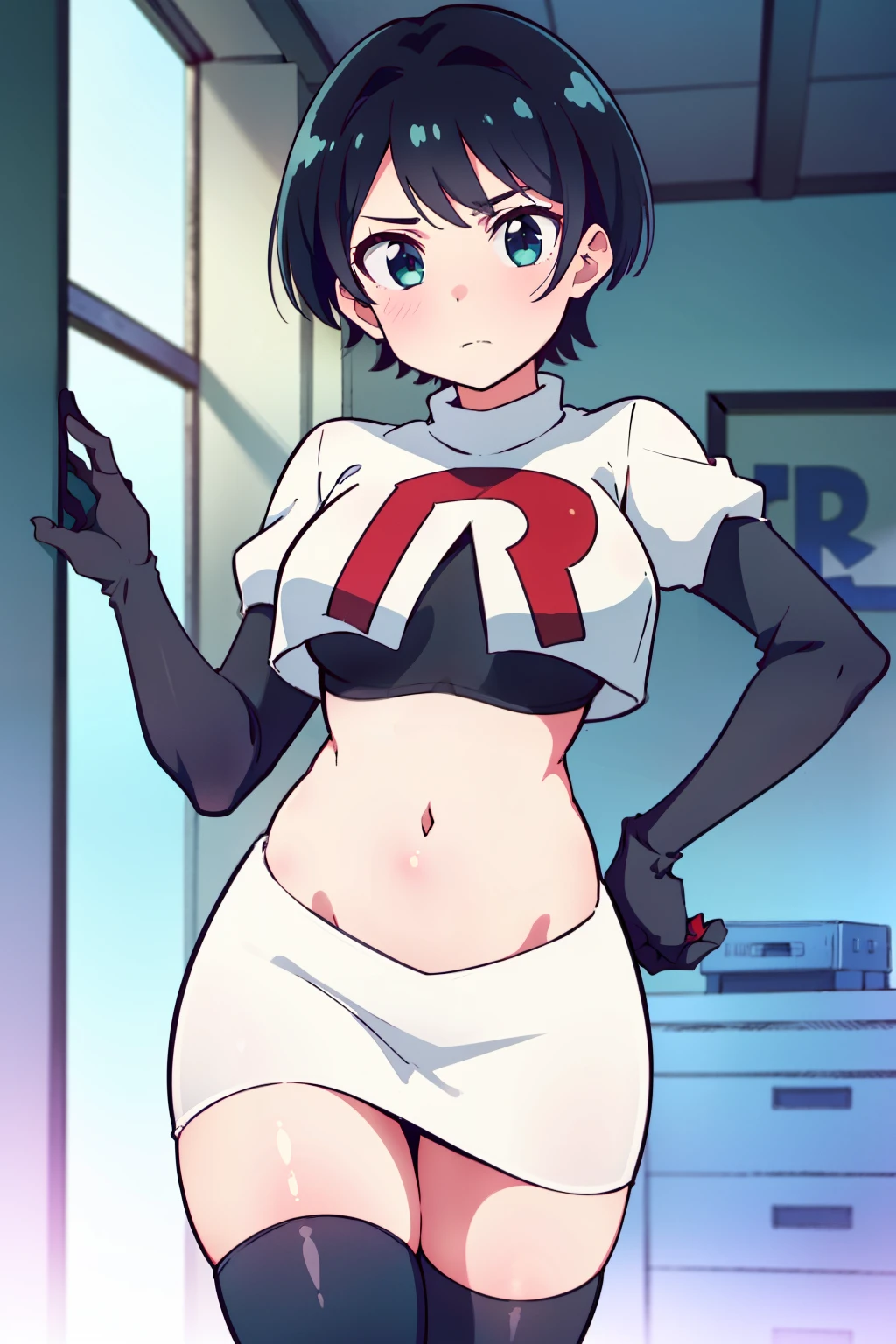 (masterpiece, best quality, ultra-detailed), 1girl, RukaSarashina, looking at viewer, team rocket,team rocket uniform,white skirt,red letter R,crop top,black thigh-highs,black elbow gloves