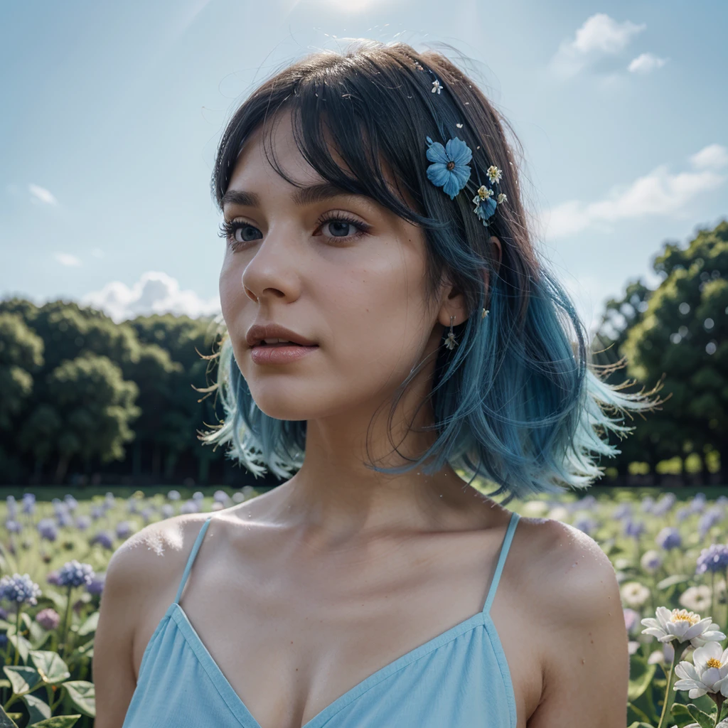 (absurdres, highres, ultra detailed, UHD, cinematic), solo, 1girl, mature, happy, girl standing nude in light blue flower field, light blue flower petal surrounding girl, full body, blue long hair girl, light blue hair, fantasy, dreamy, snowy, official art, pop art, profile, ultra detailed face, ultra detailed eyes, light blue flower field, ultra detailed field, white blue sky, cold, light blue, white, nebula in the sky, blue tree, watercolor, pastel color