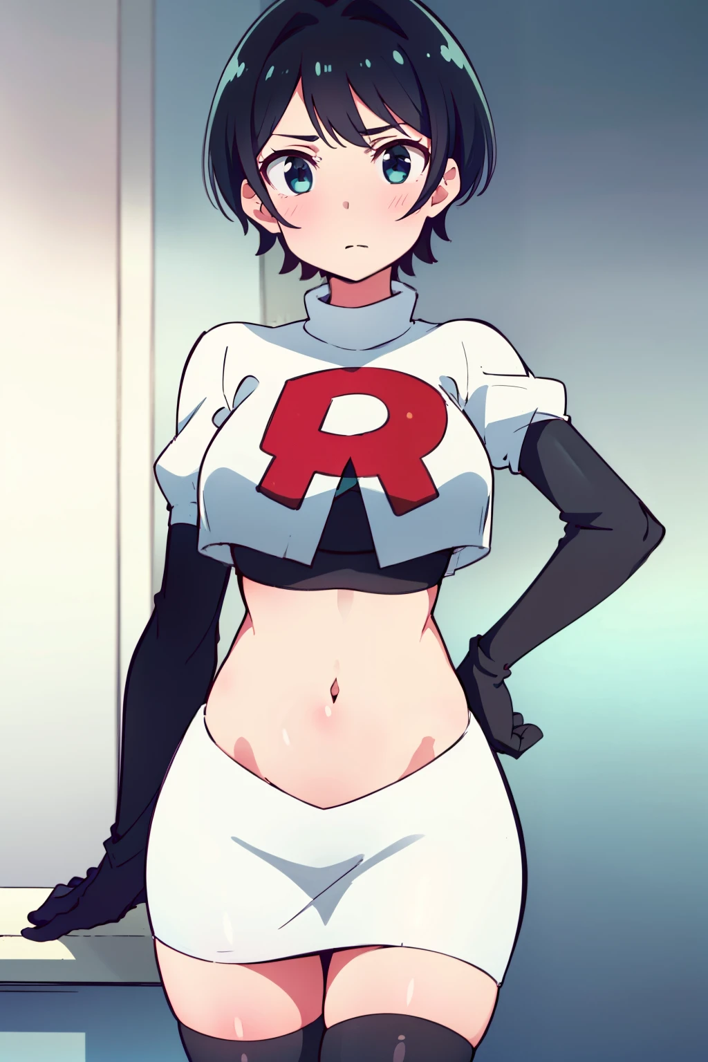 (masterpiece, best quality, ultra-detailed), 1girl, RukaSarashina, looking at viewer, team rocket,team rocket uniform,white skirt,red letter R,crop top,black thigh-highs,black elbow gloves