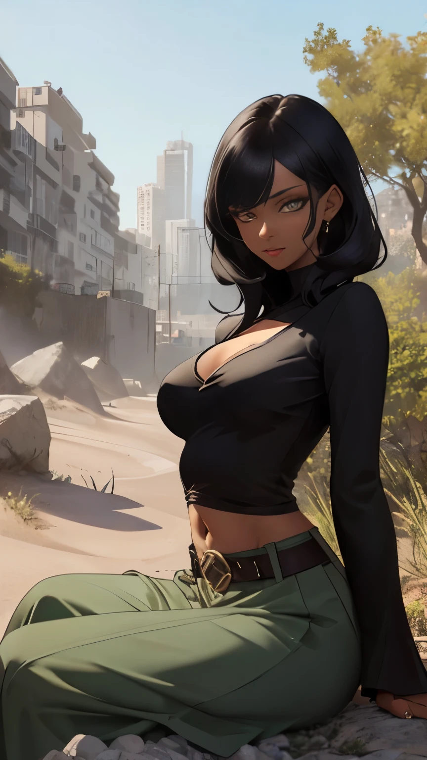 (Highly quality, masterpiece, detailed), sandy city detailed scenario, sandy city detailed background, solo, 1 woman, black hair, glamorous hair style, DustMarvel, long sleeves, belt, black cropped top, long skirt, dark-skinned female, belly button piercing, sitting on a rock, beautiful eyes, look at the viewer, Sexy pose 