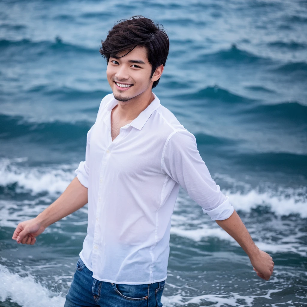 Man, no beard, beautiful eyes, cool, manly body, amazing muscles, facing the front, whole body, in the sea, white shirt, denim, highest image quality, live-action，frontを向いている，front，smile