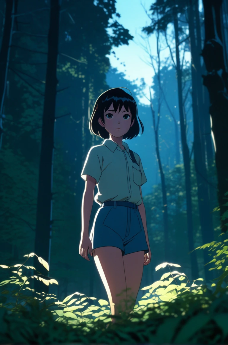 anime girl standing in the woods, shot from above, cinematic lighting, illustration by ilya kuvshinov and greg rutkowski and Makoto Shinkai, dynamic lighting, digital painting, sharp focus, glow, 8k resolution, behance, hd quality, expressive, detailed