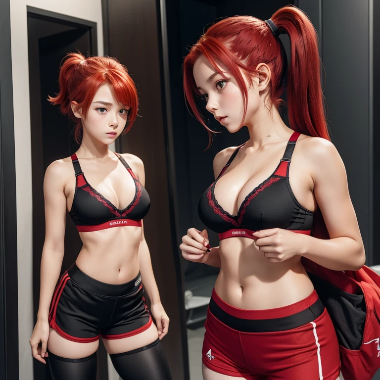 Cute girl, 14 years old, pony tail, big breasts, small bra and leggings shorts,red hair, red eyes, fit clothes,