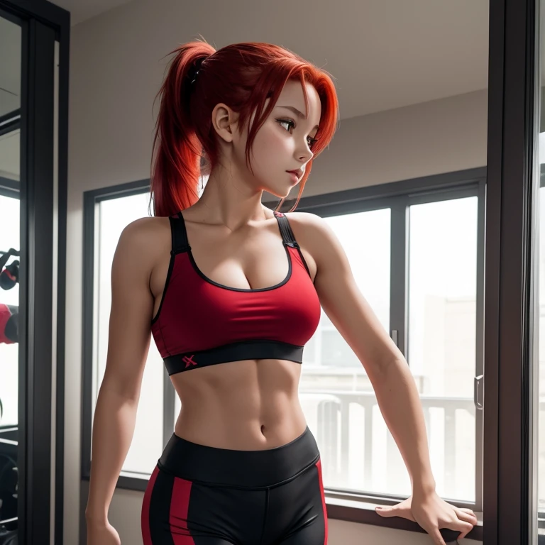 Cute girl, , pony tail, big breasts, small bra and leggings shorts,red hair, red eyes, fit clothes, nice ass,