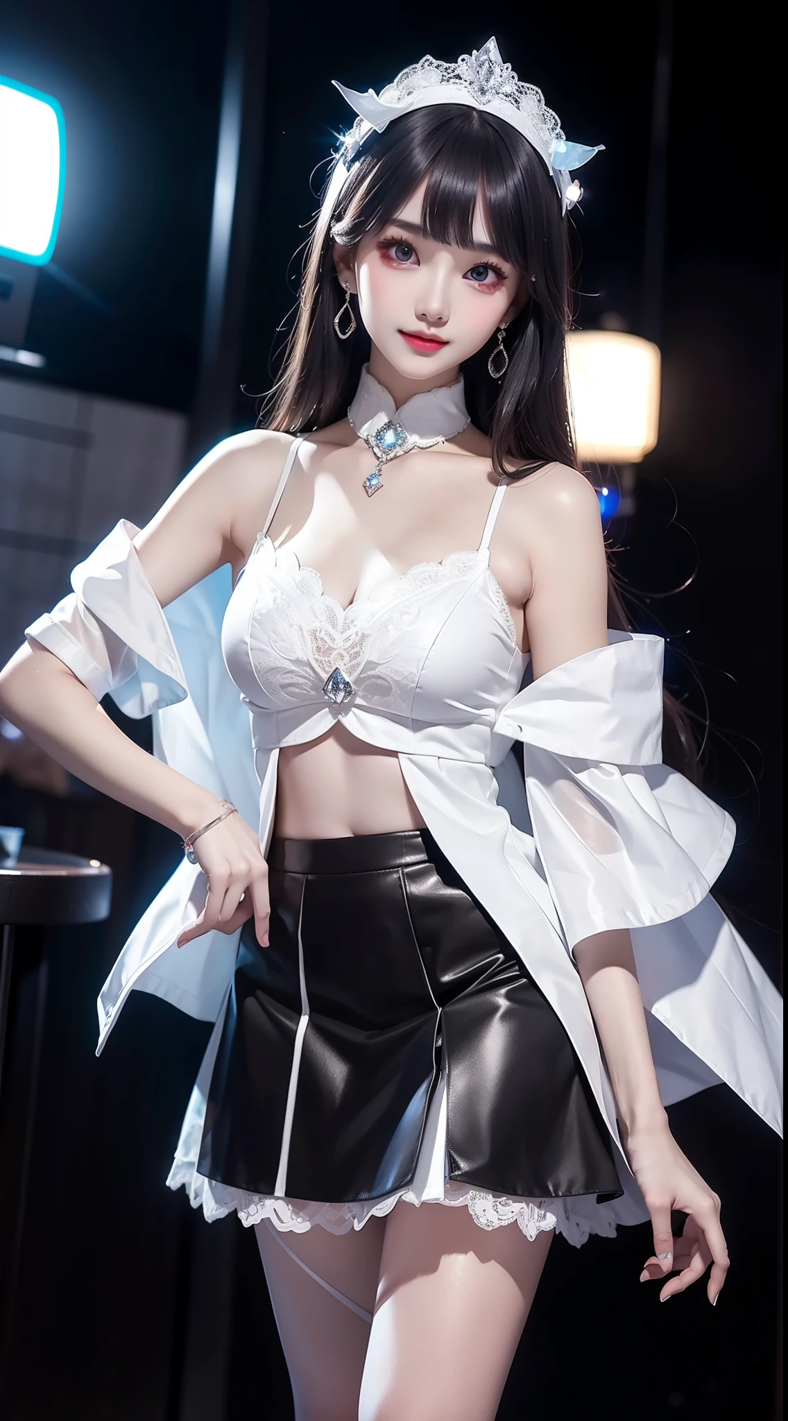 8K Ultra HD、Digital SLR Camera、soft light、high quality、Volumetric Lighting、frank、photo、high resolution、4K、8k、Bokeh,The eyes and face are very detailed, sharp pupils,Delicateeyes, Delicate lips, extremely Delicateeyes, Show a bright smile, Create stunning girl images, warm color, Very high color saturation,The legs look very long from the front,dynamic poses,Normal posture,20-year-old female model from Chengdu,Golden Ratio, Minimalism,Transparent and visible skin,Sheer silk shirt,Transparent silk maxi skirt,Transparent underwear,black hair、Invisible cyberpunk hairstyle,Cleavage、Exposed breasts、sexy、very detailed breasts, d cup size,black background