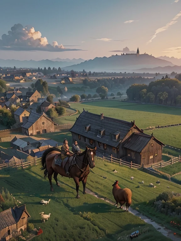 Cartoon style pictures ,(Medieval Europe),(Shoot from above),man,midnight,The overall color is black,farmer装束,rag,Brownish-gray, Ruined medieval village,European dome western-style wooden house,farmland,river,torch,horse,farmer,Chicken and duck,sheep,ox,companion,Soldier,Laborde,agriculture,(hood,farmerhood,戴上hood,in the shadows,faceless,健壮的man, Strong, old),dynamic poses, ((Turn your back to the camera,look into the distance,not looking at camera)),