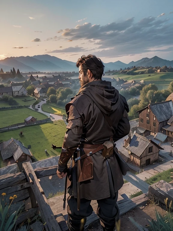 Cartoon style pictures ,(Medieval Europe),(Shoot from above),man,midnight,The overall color is black,farmer装束,rag,Brownish-gray, Ruined medieval village,European dome western-style wooden house,farmland,river,torch,horse,farmer,Chicken and duck,sheep,ox,companion,Soldier,Laborde,agriculture,(hood,farmerhood,戴上hood,in the shadows,faceless,健壮的man, Strong, old),dynamic poses, ((Turn your back to the camera,look into the distance,not looking at camera)),