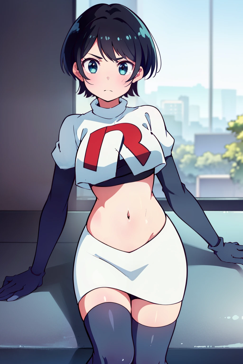 (masterpiece, best quality, ultra-detailed), 1girl, RukaSarashina, looking at viewer, team rocket,team rocket uniform,white skirt,red letter R,crop top,black thigh-highs,black elbow gloves