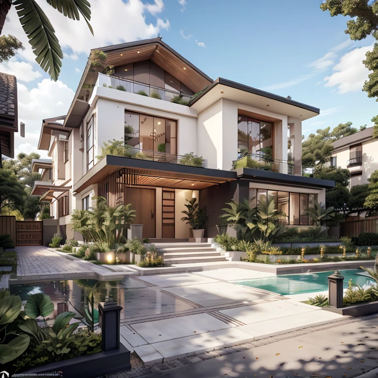 A modern residence with a façade displaying elaborate wooden details and a generously sized garage, encircled by a meticulously maintained garden brimming with vivid flowers and artistically trimmed hedges. The house boasts expansive windows that let in abundant sunlight to bathe the interior, and a front porch adorned with an array of blooming potted plants. The intricately carved and decorative wooden details gracing the façade add an allure of refined grace to the structure's exterior. The garage showcases a stylish, automatic door and can comfortably fit two vehicles. This residence exudes an air of contemporary flair and sophistication, skillfully merging the comfort