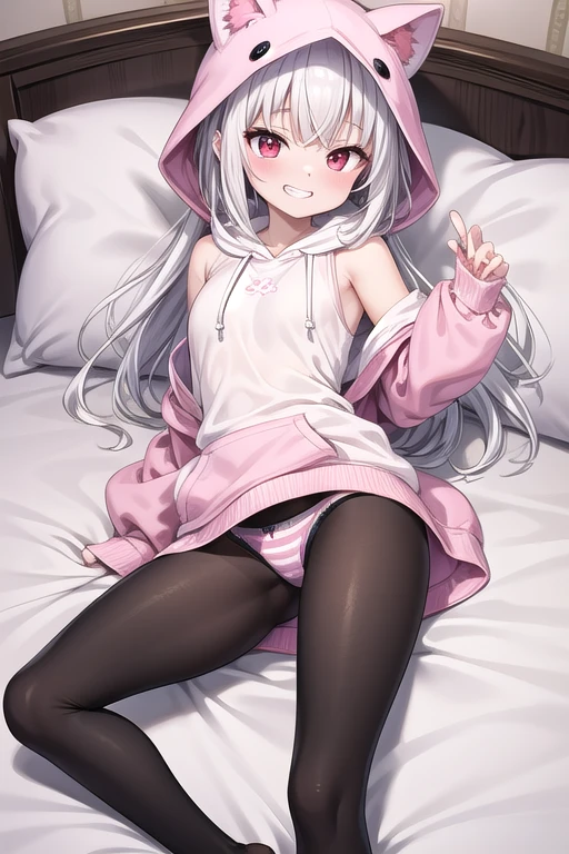 buny ear, white hairs, big red eyes, lying on bed, , lush shoulder-length hair, thin arm, white pale skins, wearing a pink hooded sweatshirt, has pink striped panties and black see-through tights, panties are visible through her tights, grin, 