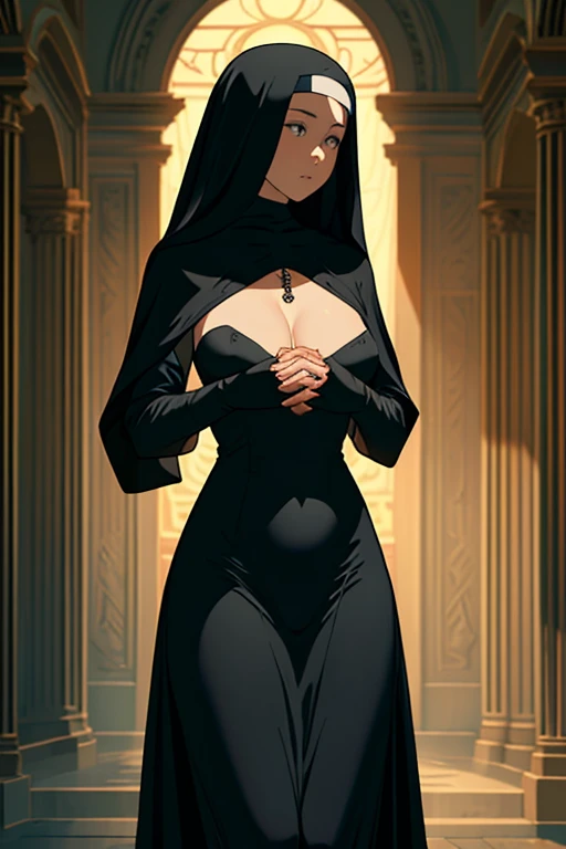 (Masterpiece, Young Nun), (High Quality, Spiritual Figure), (Female Character, Religious Icon), (Detailed Attire, Habit), (Nun's Veil, Covered Head), (Bare Neckline, Modest Plunge), (Natural Complexion, Radiant Skin), (Soft Lighting, Holy Sanctuary), (Realistic Texture, Fabric Wrinkles), (Deep Focus, Close-up Portrait), (Young Face, Innocent Expression), (Hands, Holding Rosary Beads), (Gazing into the Distance, Contemplating), (Serene Environment, Monastery), , full body shot, fully clothed, covered breasts, covered areola, covered nipples, covered cleavage