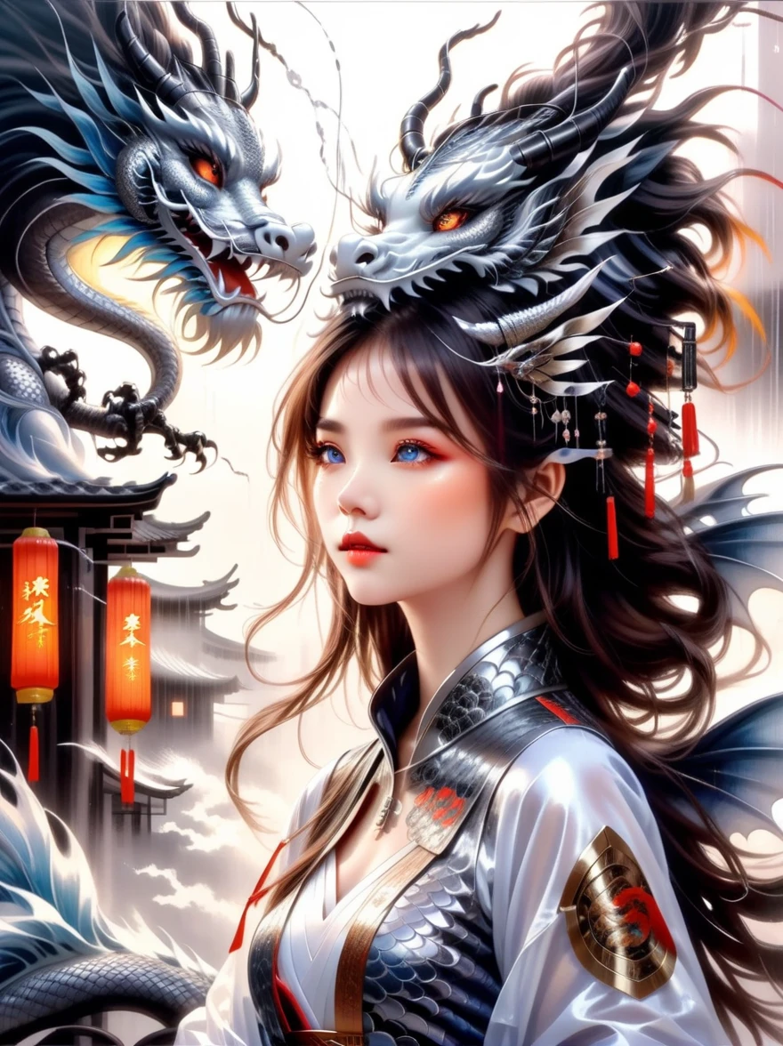 Works of Chinese style masters, shining, Traditional Chinese ink painting, willow branches, Wu Changshuo, 1 girl, small breasts, beautiful detailed eyes, beautiful detailed cyberpunk city, flat chest, beautiful detailed hair, wavy hair, beautiful detailed street, mecha clothes, robot girl, cool movement, silver bodysuit, (filigree), dragon wings, colorful background, a dragon stands behind the girl, rainy days, (lightning effect), beautiful detailed silver dragon armor, (cold face), composition, Dazzling colors, Stunning visual effects, otherworldly appearance, Fascinating artistry, eyes on the audience, high resolution, Super detailed, lifelike, illustration, first-person view, ((masterpiece)), best quality, anatomically correct, ccurate, 8k, best quality, 8K, masterpiece