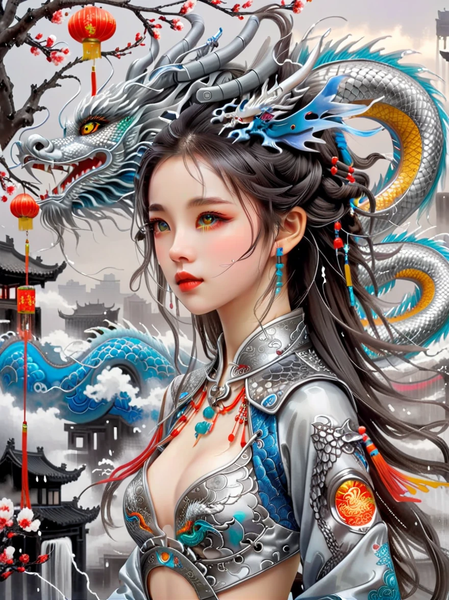 Works of Chinese style masters, shining, Traditional Chinese ink painting, willow branches, Wu Changshuo, 1 girl, small breasts, beautiful detailed eyes, beautiful detailed cyberpunk city, flat chest, beautiful detailed hair, wavy hair, beautiful detailed street, mecha clothes, robot girl, cool movement, silver bodysuit, (filigree), dragon wings, colorful background, a dragon stands behind the girl, rainy days, (lightning effect), beautiful detailed silver dragon armor, (cold face), composition, Dazzling colors, Stunning visual effects, otherworldly appearance, Fascinating artistry, eyes on the audience, high resolution, Super detailed, lifelike, illustration, first-person view, ((masterpiece)), best quality, anatomically correct, ccurate, 8k, best quality, 8K, masterpiece