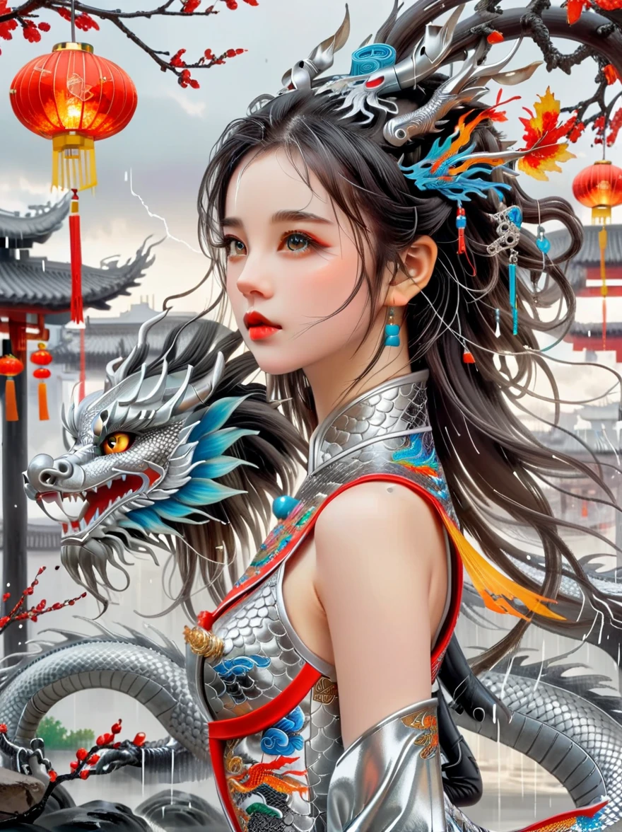 Works of Chinese style masters, shining, Traditional Chinese ink painting, willow branches, Wu Changshuo, 1 girl, small breasts, beautiful detailed eyes, beautiful detailed cyberpunk city, flat chest, beautiful detailed hair, wavy hair, beautiful detailed street, mecha clothes, robot girl, cool movement, silver bodysuit, (filigree), dragon wings, colorful background, a dragon stands behind the girl, rainy days, (lightning effect), beautiful detailed silver dragon armor, (cold face), composition, Dazzling colors, Stunning visual effects, otherworldly appearance, Fascinating artistry, eyes on the audience, high resolution, Super detailed, lifelike, illustration, first-person view, ((masterpiece)), best quality, anatomically correct, ccurate, 8k, best quality, 8K, masterpiece