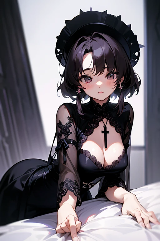 Akina Nakamori、black lace dress、25 years old、Beautiful woman、sexy、White cross necklace on chest、gothic style、miniature small hat、Sharp and cute、Beautiful woman、Upper grade、Gao's Pose
