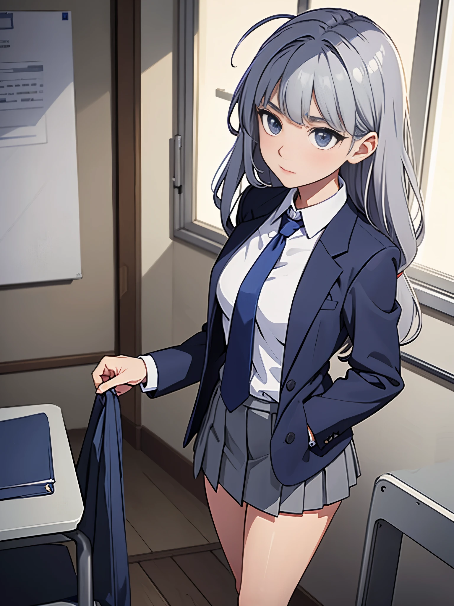 1girl, high school student, suit, dark blue suit jacket, white shirt, red ribbon necktie, grey pleated skirt, miniskirt, bare legs, white socks, brown shoes, light grey hair, hazel eyes, shoulder-length hair, bangs, ahoge, beautiful detailed eyes, beautiful detailed face, cute face, medium breasts, age 18, solo, solo focus, standing, classroom backdrop, warm lighting