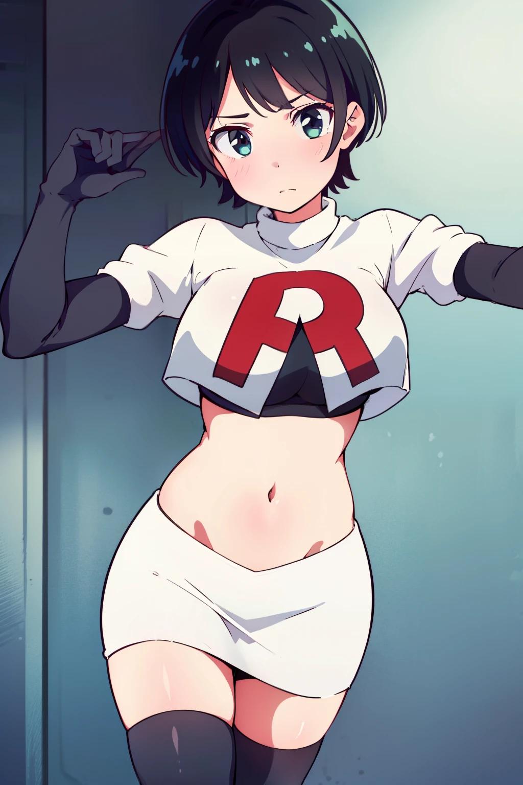 (masterpiece, best quality, ultra-detailed), 1girl, RukaSarashina, looking at viewer, team rocket,team rocket uniform,white skirt,red letter R,crop top,black thigh-highs,black elbow gloves
