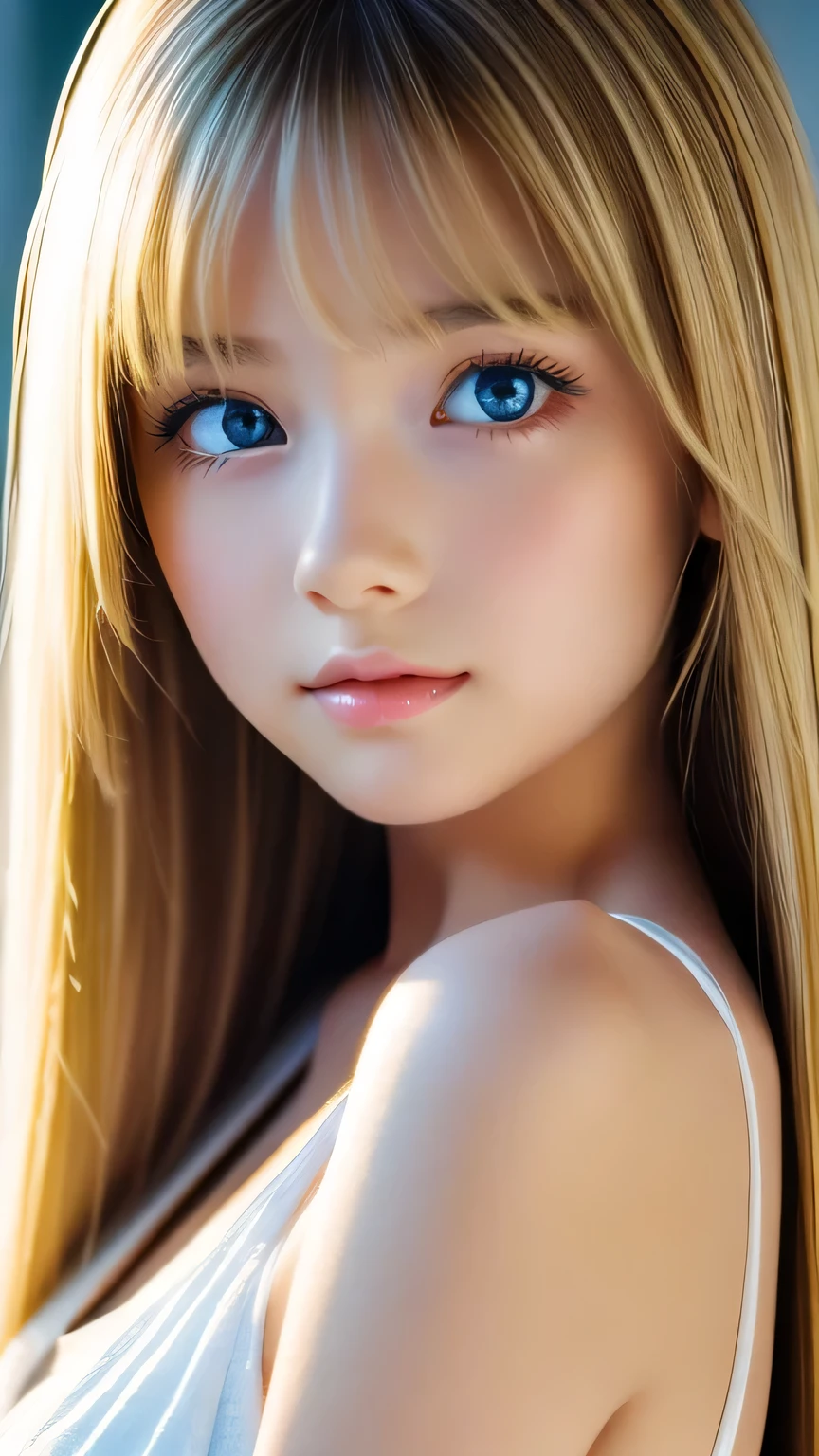 Shiny, beautiful white skin、Hair color changes depending on the light、Long straight bangs obstruct the view、cheek gloss highlights、sexy and very beautiful, Ladylike, cute, gorgeous face、the most beautiful face in the world、The most beautiful super long blonde hair in the world、smooth, straight hair、Very bright, large light blue eyes that shine beautifully, very big eyes、lighting equipment、beautiful pony、Beautiful 15 year old Swedish girl、baby face