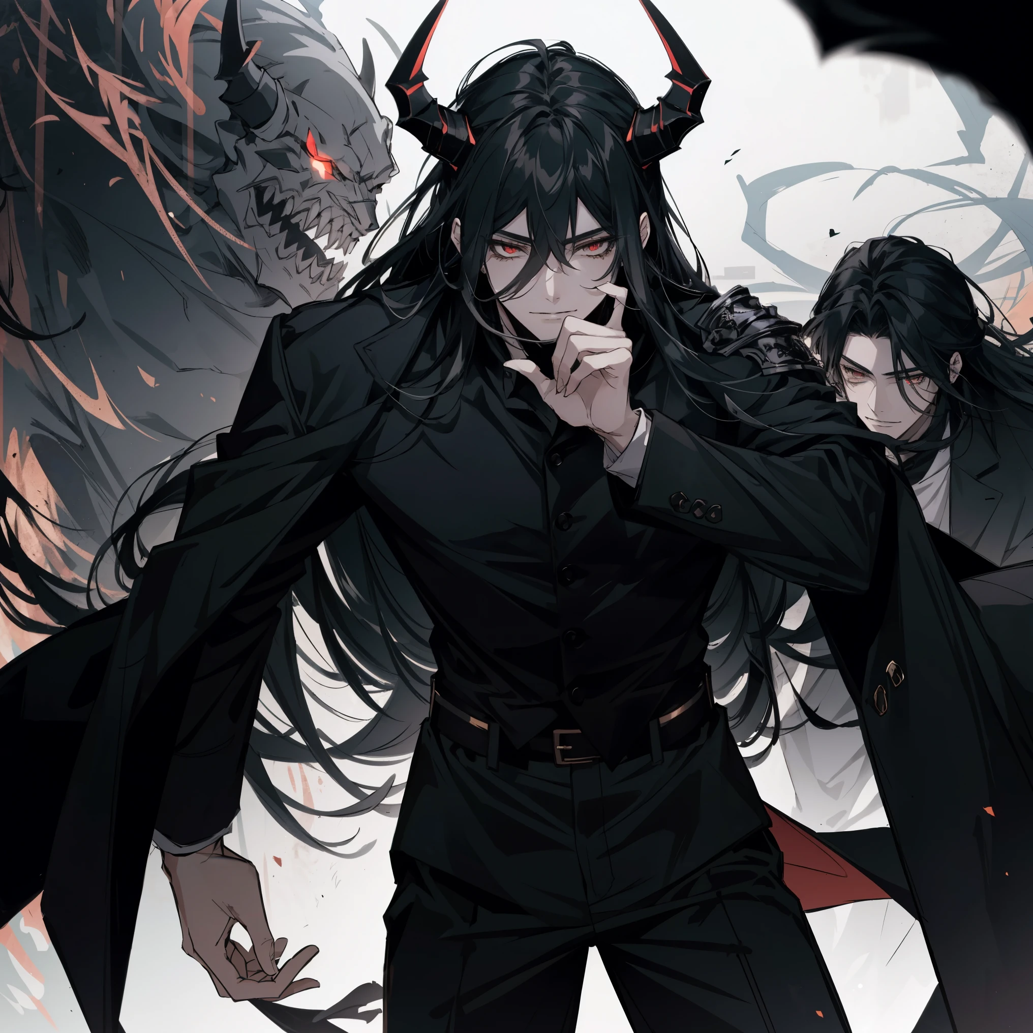 1 muscular male, Teenager, Demon Lord, wearing a black shirt, black armor, black long pants, black hair, long hair, long black trench coat, face to detail, detailed eyes, red eyes, the background is the pits of hell, surrounded by demons, demon horns. In a fight position