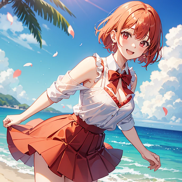1 girl, solo, D cup, looking at camera, blushing, smiling, short hair, open mouth, bangs, skirt, wet clothes, shirt, red eyes, ribbon, cleavage, bra, bare shoulders, jewelry, white shirt , :d, cowboy shot, pleated skirt, thin shirt, transparent earrings, outdoors, frills, sky, sleeveless, daytime, collared shirt, overhead view, clouds, bowtie, water, orange hair, red ribbon, blue sky, bare hands, Petals, sleeveless shirt, red skirt, ocean, beach, cherry blossoms, red bow tie, no humans, confetti, castle room,
