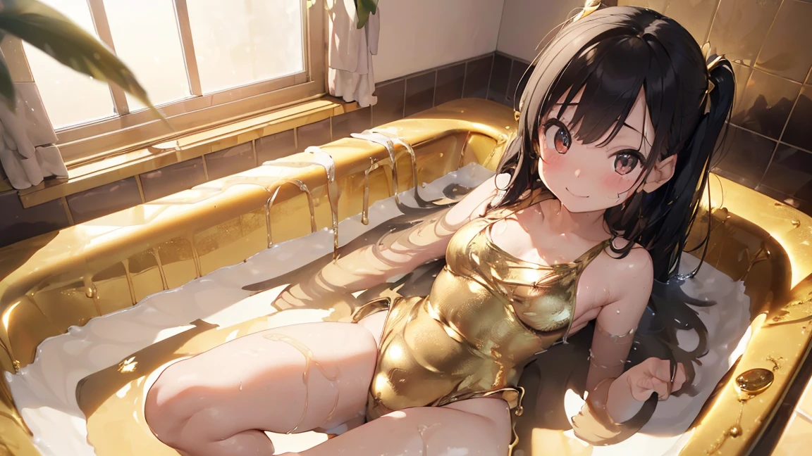 ((highest quality, 16k, masterpiece: 1.3)), ((small and full breasts、10 year old girl、small head)), Beautiful Woman with perfection Figure: 1.4, thin abs: 1.2, ((beautiful black hair)), ((small: 1.4)), (((K-POPアイドル: 1.3)), (shower, White Water)), ((An all-gold bathroom)), ((stop temporarily)), ((fascinating)), ((fascinating)), ((sit, spread your legs)), (((soaking wet chest)), Ultra-realistic 8k cg, perfection Face, perfection, Clean Solo, (blush: 0.5), (blush), (blush: 0.5), masterpiece, professional artwork, famous works of art, A big smile, Beautiful smile, beautiful eyes, perfectionな指, beautiful hands, Depth of the bounds written, realistic: 1.3, (ambient light: 1.3), (cinematic composition: 1.3), (neon: 0.1), (HDR: 0.1), accent lighting, naked、athletic body shape, the body is facing towards you, smile, double eyelid, eye contact, naked足、((Wearing a shiny gold swimsuit))、(((golden bathtub)))、(((golden room)))、Create an all-gold bathroom